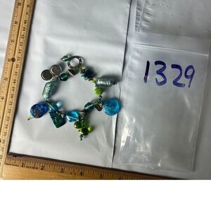 Handmade Beaded Charm Bracelet Blue Green Silver Tone Mixed Media Chunky